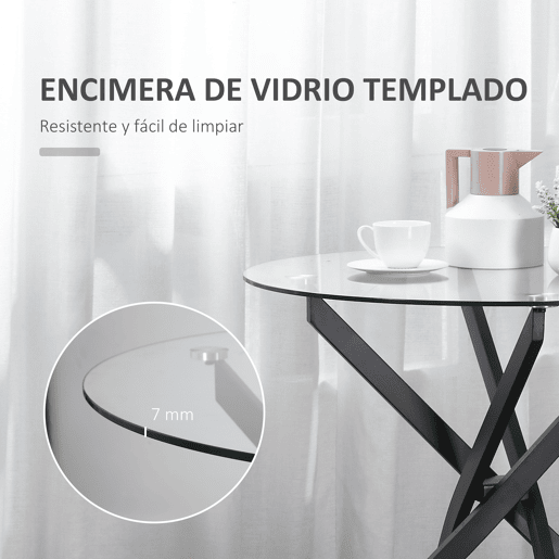 HOMCOM Mesa de Sala de Jantar Redonda com Bancada de Cristal Temperado Transparente e Pés Cruzados de Metal Mesa de Centro Moderna Ø80x75cm Preto