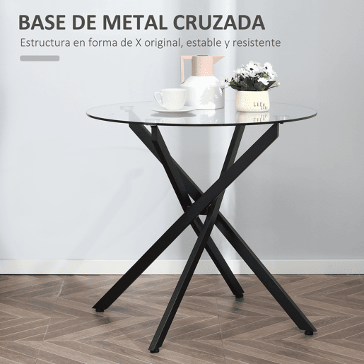 HOMCOM Mesa de Sala de Jantar Redonda com Bancada de Cristal Temperado Transparente e Pés Cruzados de Metal Mesa de Centro Moderna Ø80x75cm Preto