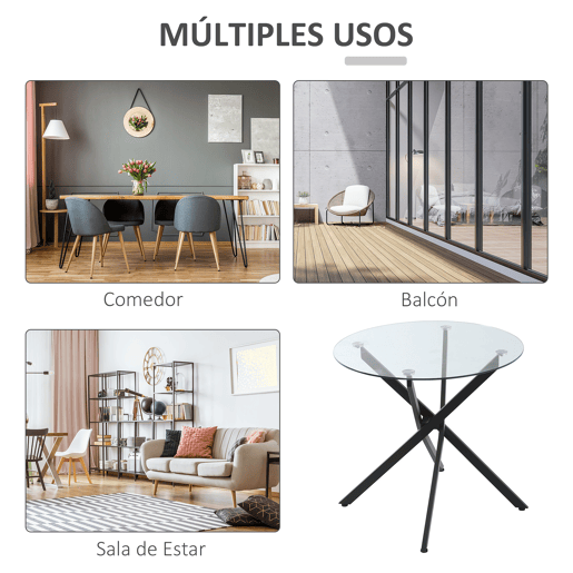 HOMCOM Mesa de Sala de Jantar Redonda com Bancada de Cristal Temperado Transparente e Pés Cruzados de Metal Mesa de Centro Moderna Ø80x75cm Preto
