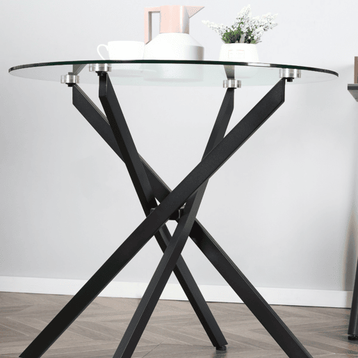 HOMCOM Mesa de Sala de Jantar Redonda com Bancada de Cristal Temperado Transparente e Pés Cruzados de Metal Mesa de Centro Moderna Ø80x75cm Preto
