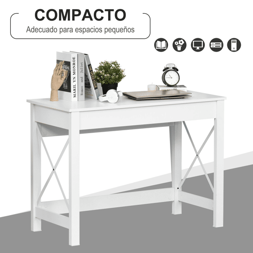 HOMCOM Secretária Moderna Mesa de Estudo com Estrutura de Aço Mesa de Computador 105x50x76 cm Branco