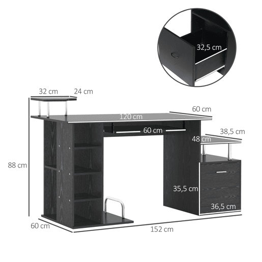 HomCom Secretária para Computador Secretária para Escritório u2013 Cor: Preto - Madeira MDF - 152 x 60 x 88 cm