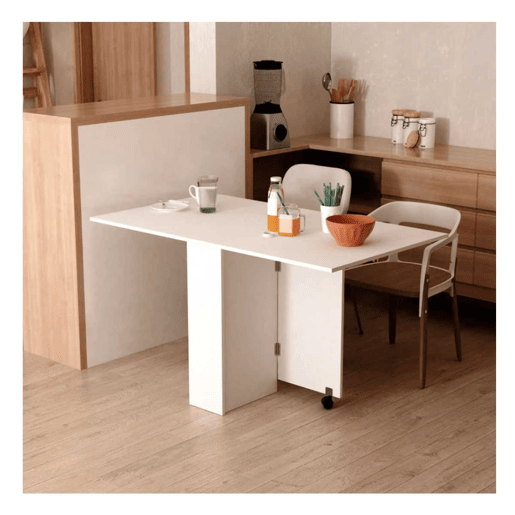 HOMCOM Mesa de Sala de Jantar Dobrável Mesa de Madeira com 2 Prateleiras de Armazenamento e Rodas para Cozinha 75x140x74 cm Branco