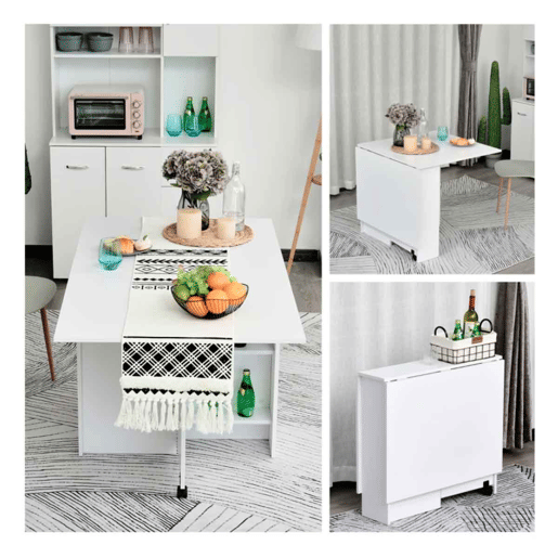 HOMCOM Mesa de Sala de Jantar Dobrável Mesa de Madeira com 2 Prateleiras de Armazenamento e Rodas para Cozinha 75x140x74 cm Branco