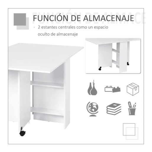HOMCOM Mesa de Sala de Jantar Dobrável Mesa de Madeira com 2 Prateleiras de Armazenamento e Rodas para Cozinha 75x140x74 cm Branco