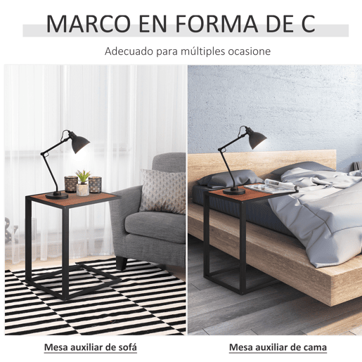 HOMCOM Mesa lateral para sofá Mesa lateral em forma de C Estrutura metálica e tampo da mesa de madeira de MDF 40,6x50,8x64,2 cm Cor de noz