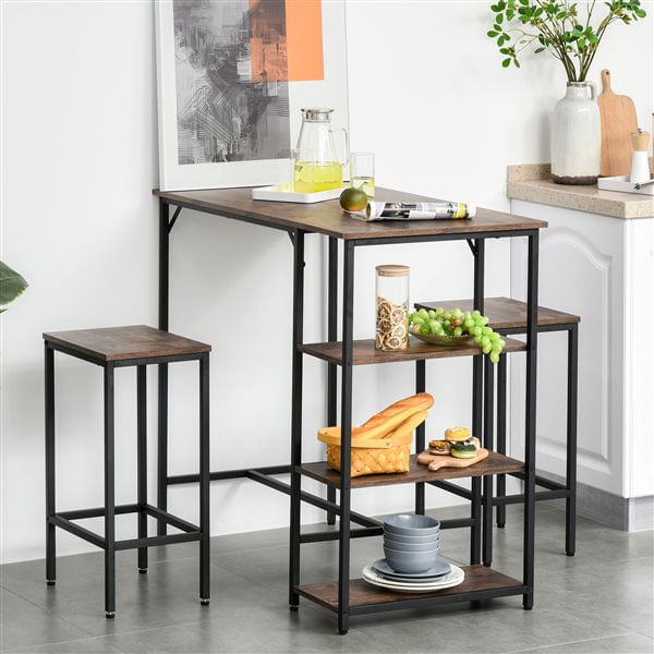 Homcom set de mesa de bar y 2 taburetes con reposapiés y estantes de 3 niveles almohadillas ajustables para cocina comedor 109x60x100 cm marrón rústico
