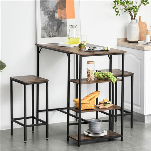 HOMCOM Conjunto de mesa de bar e 2 bancos com apoio para os pés e prateleiras de 3 níveis Almofadas ajustáveis u200Bu200Bpara cozinha 109x60x100 cm marrom rústico