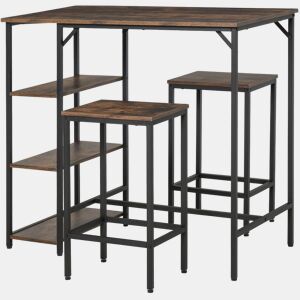 HOMCOM Conjunto de mesa de bar e 2 bancos com apoio para os pés e prateleiras de 3 níveis Almofadas ajustáveis u200Bu200Bpara cozinha 109x60x100 cm marrom rústico