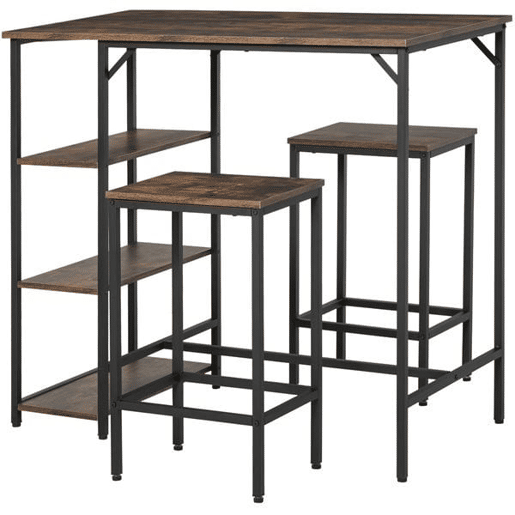 HOMCOM Conjunto de mesa de bar e 2 bancos com apoio para os pés e prateleiras de 3 níveis Almofadas ajustáveis u200Bu200Bpara cozinha 109x60x100 cm marrom rústico