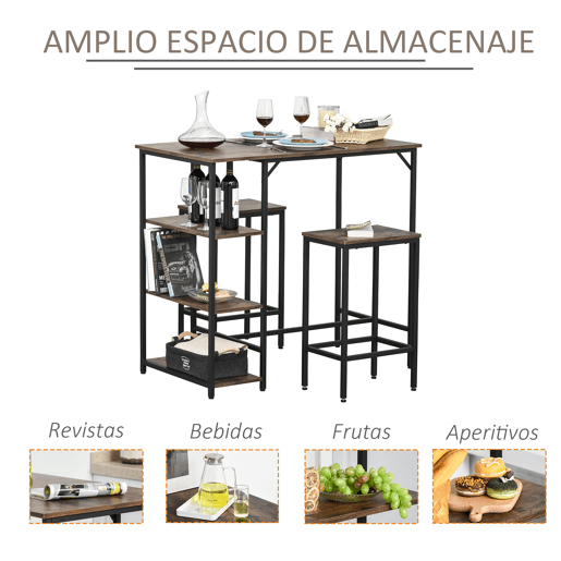 HOMCOM Conjunto de mesa de bar e 2 bancos com apoio para os pés e prateleiras de 3 níveis Almofadas ajustáveis u200Bu200Bpara cozinha 109x60x100 cm marrom rústico
