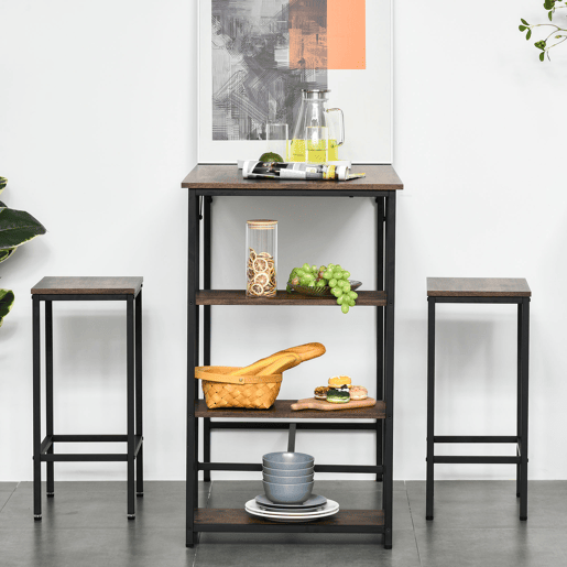HOMCOM Conjunto de mesa de bar e 2 bancos com apoio para os pés e prateleiras de 3 níveis Almofadas ajustáveis u200Bu200Bpara cozinha 109x60x100 cm marrom rústico