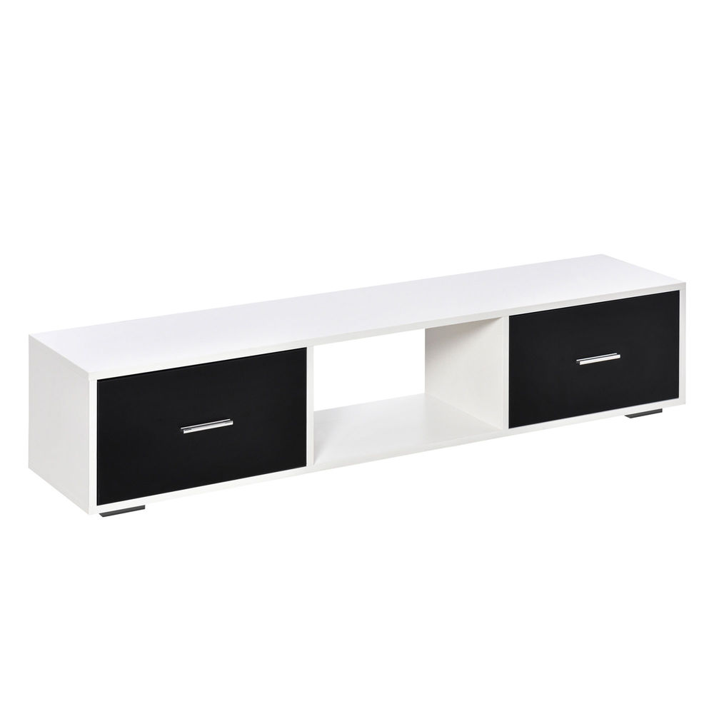 Homcom mueble de tv para televisores de hasta 60" mesa para tv de salón estilo moderno con 2 cajones y compartimento abierto 140x30x32 cm blanco y negro