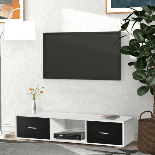 HOMCOM Móvel de TV para Televisores de até 60u201D Móvel de Sala de Estar Moderno com 2 Gavetas e Compartimento Aberto 140x30x32cm Branco e Preto