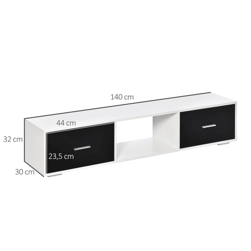 HOMCOM Móvel de TV para Televisores de até 60u201D Móvel de Sala de Estar Moderno com 2 Gavetas e Compartimento Aberto 140x30x32cm Branco e Preto