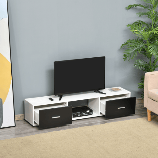 HOMCOM Móvel de TV para Televisores de até 60u201D Móvel de Sala de Estar Moderno com 2 Gavetas e Compartimento Aberto 140x30x32cm Branco e Preto