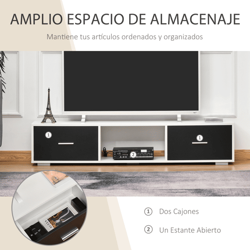 HOMCOM Móvel de TV para Televisores de até 60u201D Móvel de Sala de Estar Moderno com 2 Gavetas e Compartimento Aberto 140x30x32cm Branco e Preto