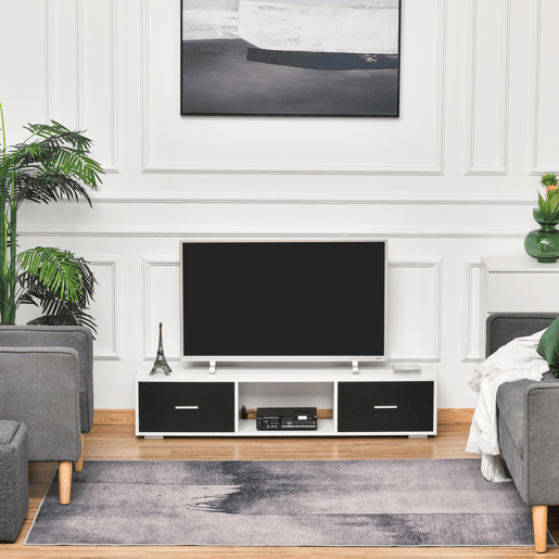 HOMCOM Móvel de TV para Televisores de até 60u201D Móvel de Sala de Estar Moderno com 2 Gavetas e Compartimento Aberto 140x30x32cm Branco e Preto