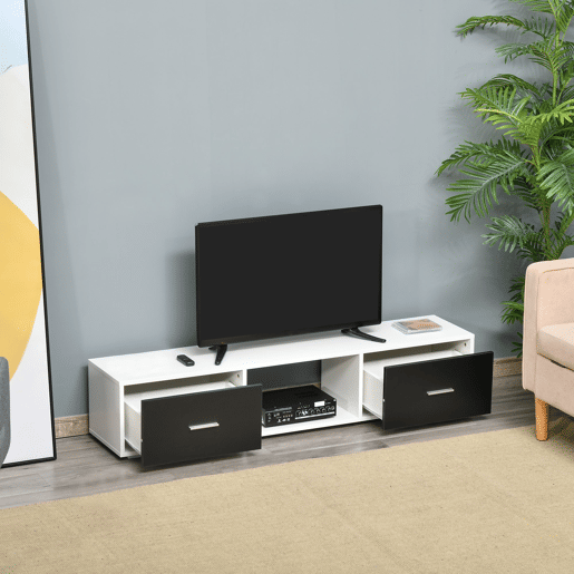 HOMCOM Móvel de TV para Televisores de até 60u201D Móvel de Sala de Estar Moderno com 2 Gavetas e Compartimento Aberto 140x30x32cm Branco e Preto