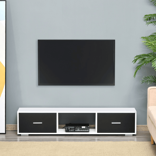 HOMCOM Móvel de TV para Televisores de até 60u201D Móvel de Sala de Estar Moderno com 2 Gavetas e Compartimento Aberto 140x30x32cm Branco e Preto