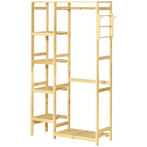 HOMCOM Suporte para Cabides de Bambu Cabideiro com Prateleiras de 4 Níveis com Barra Prateleira Inferior e Cabide Lateral para Roupas Bolsas 90x30x155cm Madeira