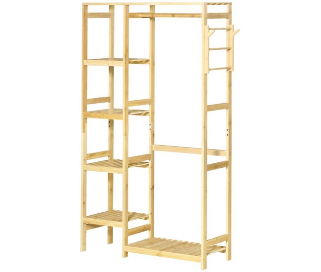 Homcom perchero burro de bambú perchero de pie con estantería de 4 niveles con barra estante inferior y colgador lateral para ropa bolsas dormitorio 90x30x155 cm natural