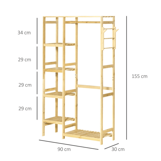 HOMCOM Suporte para Cabides de Bambu Cabideiro com Prateleiras de 4 Níveis com Barra Prateleira Inferior e Cabide Lateral para Roupas Bolsas 90x30x155cm Madeira