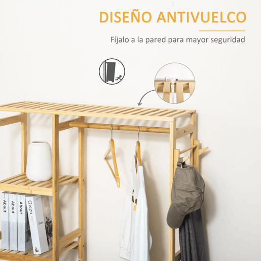 HOMCOM Suporte para Cabides de Bambu Cabideiro com Prateleiras de 4 Níveis com Barra Prateleira Inferior e Cabide Lateral para Roupas Bolsas 90x30x155cm Madeira