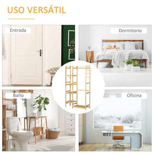 HOMCOM Suporte para Cabides de Bambu Cabideiro com Prateleiras de 4 Níveis com Barra Prateleira Inferior e Cabide Lateral para Roupas Bolsas 90x30x155cm Madeira