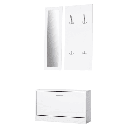 HOMCOM Móvel Cabide de Entrada de 3 Peças Armário de Entrada com Cabide Espelho e Sapateira 80x27x46,5cm Branco