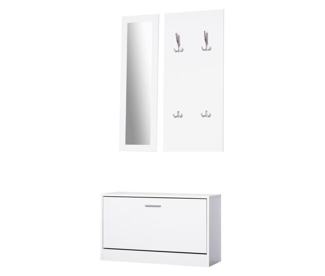 Homcom conjunto de muebles de entrada recibidor pasillo set de 3 piezas zapatero espejo perchero con 4 ganchos para colgar ropa 80x27x46,5cm blanco