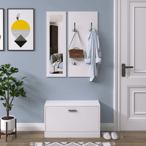 HOMCOM Móvel Cabide de Entrada de 3 Peças Armário de Entrada com Cabide Espelho e Sapateira 80x27x46,5cm Branco