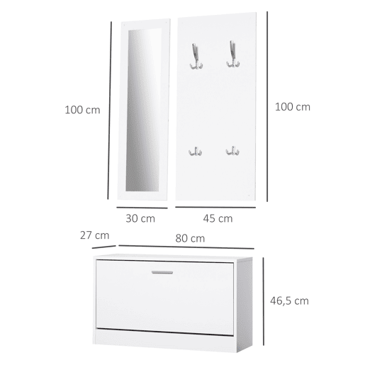 HOMCOM Móvel Cabide de Entrada de 3 Peças Armário de Entrada com Cabide Espelho e Sapateira 80x27x46,5cm Branco