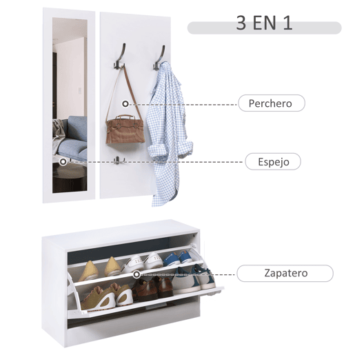 HOMCOM Móvel Cabide de Entrada de 3 Peças Armário de Entrada com Cabide Espelho e Sapateira 80x27x46,5cm Branco