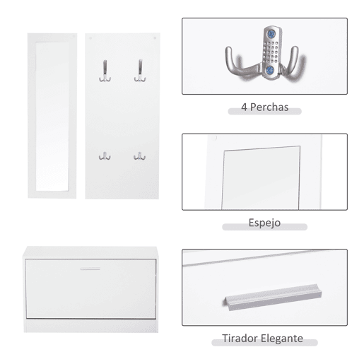 HOMCOM Móvel Cabide de Entrada de 3 Peças Armário de Entrada com Cabide Espelho e Sapateira 80x27x46,5cm Branco