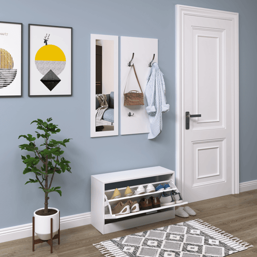 HOMCOM Móvel Cabide de Entrada de 3 Peças Armário de Entrada com Cabide Espelho e Sapateira 80x27x46,5cm Branco