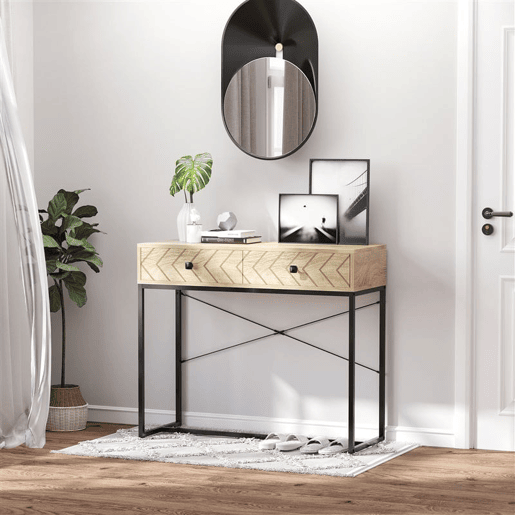 HOMCOM Mesa Consola 90x35x76cm Mesa de Entrada com 2 Gavetas de Armazenamento Decorativos e Estrutura de Metal para Entrada Corredor Sala de Estar Natural