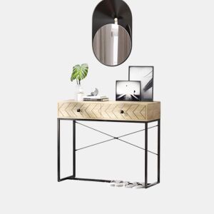 HOMCOM Mesa Consola 90x35x76cm Mesa de Entrada com 2 Gavetas de Armazenamento Decorativos e Estrutura de Metal para Entrada Corredor Sala de Estar Natural