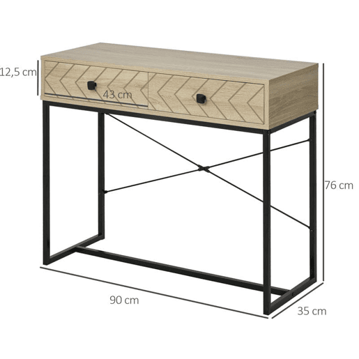 HOMCOM Mesa Consola 90x35x76cm Mesa de Entrada com 2 Gavetas de Armazenamento Decorativos e Estrutura de Metal para Entrada Corredor Sala de Estar Natural