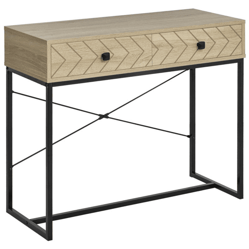 HOMCOM Mesa Consola 90x35x76cm Mesa de Entrada com 2 Gavetas de Armazenamento Decorativos e Estrutura de Metal para Entrada Corredor Sala de Estar Natural