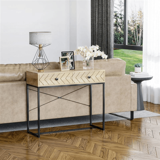 HOMCOM Mesa Consola 90x35x76cm Mesa de Entrada com 2 Gavetas de Armazenamento Decorativos e Estrutura de Metal para Entrada Corredor Sala de Estar Natural