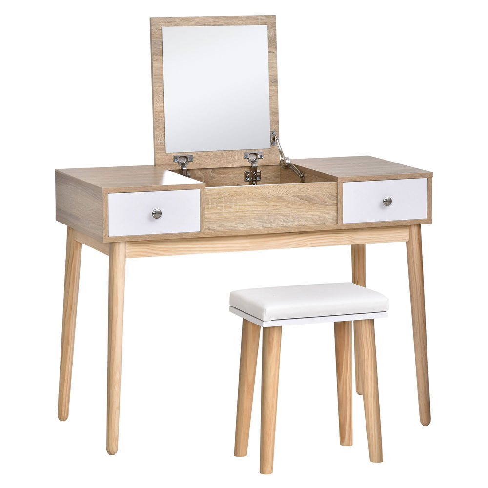 Homcom tocador de maquillaje con espejo abatible 100 cm mesa de maquillaje con taburete acolchado cojín suave compartimentos y cajones patas de madera maciza color natural
