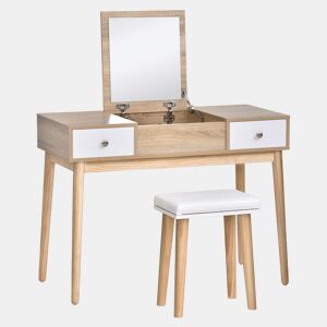 HOMCOM Toucador com Espelho Dobrável Mesa de Maquilhagem com Banco Compartimentos e Gavetas 100x45x118cm Madeira e Branco
