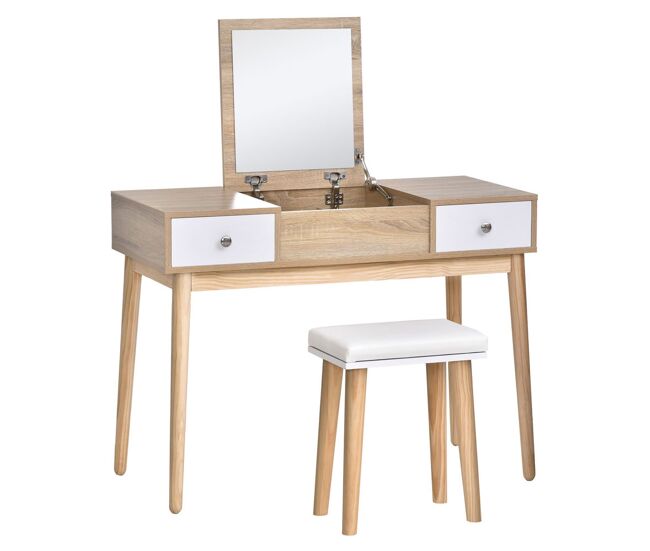Homcom tocador de maquillaje con espejo abatible 100 cm mesa de maquillaje con taburete acolchado cojín suave compartimentos y cajones patas de madera maciza color natural