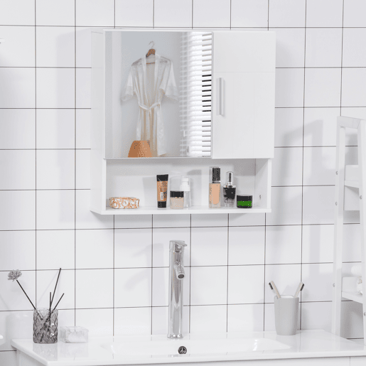 kleankin Armário Casa de Banho com Espelho Móvel Suspenso de Casa de Banho com 2 Portas e 2 Prateleiras Interiores Ajustáveis 54x15,2x55,3cm Branco