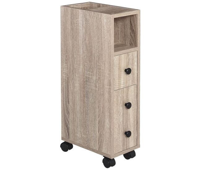 Kleankin armario de baño con 4 ruedas mueble auxiliar para baño con estante abierto puerta y cajón para espacio reducido 18x30x68,5 cm roble