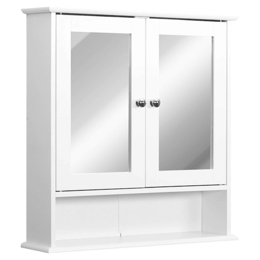 kleankin Armário de Casa de Banho com Espelho, Armário de Parede com 2 Portas, Prateleira Aberta, Prateleira Ajustável, Móvel de Parede para Cozinha ou Sala, 56x13x58 cm, Branco kleankin Armário de Casa de Banho com Espelho, Armário de Parede com 2 Portas, Prateleira Aberta, Prateleira Ajustável, Móvel de Parede para Cozinha ou Sala, 56x13x58 cm, Branco