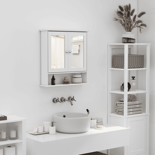 kleankin Armário de Casa de Banho com Espelho, Armário de Parede com 2 Portas, Prateleira Aberta, Prateleira Ajustável, Móvel de Parede para Cozinha ou Sala, 56x13x58 cm, Branco kleankin Armário de Casa de Banho com Espelho, Armário de Parede com 2 Portas, Prateleira Aberta, Prateleira Ajustável, Móvel de Parede para Cozinha ou Sala, 56x13x58 cm, Branco