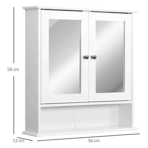 kleankin Armário de Casa de Banho com Espelho, Armário de Parede com 2 Portas, Prateleira Aberta, Prateleira Ajustável, Móvel de Parede para Cozinha ou Sala, 56x13x58 cm, Branco kleankin Armário de Casa de Banho com Espelho, Armário de Parede com 2 Portas, Prateleira Aberta, Prateleira Ajustável, Móvel de Parede para Cozinha ou Sala, 56x13x58 cm, Branco