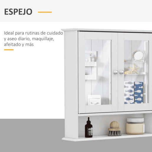 kleankin Armário de Casa de Banho com Espelho, Armário de Parede com 2 Portas, Prateleira Aberta, Prateleira Ajustável, Móvel de Parede para Cozinha ou Sala, 56x13x58 cm, Branco kleankin Armário de Casa de Banho com Espelho, Armário de Parede com 2 Portas, Prateleira Aberta, Prateleira Ajustável, Móvel de Parede para Cozinha ou Sala, 56x13x58 cm, Branco